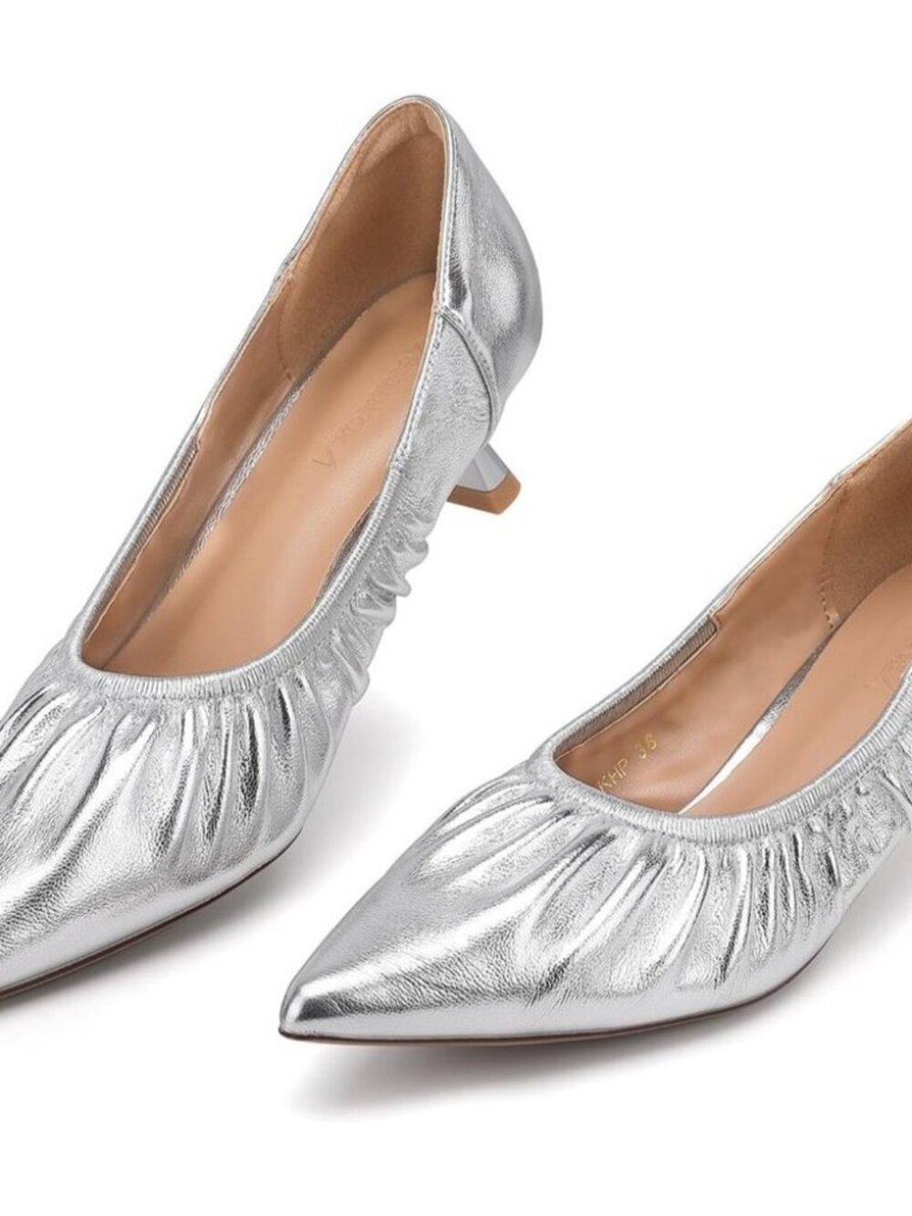 🆕 Silver Kitten Heel Pleated Wedding Pumps Pointed Toe Slip On Dress Shoes